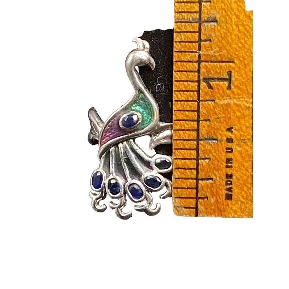 Sterling Silver 925 pink green enamel peacock ring with six oval blue sapphires - Picture 6 of 10